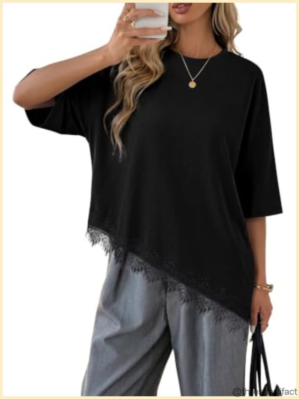 Lace Asymmetrical Hem Tunic Top 3/4 Sleeve Women's Flowy Summer Blouse